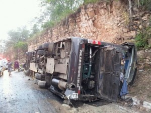 Ônibus saiu da pista e tombou na BR-070 neste domingo (Foto: Assessoria/PRF-MT)